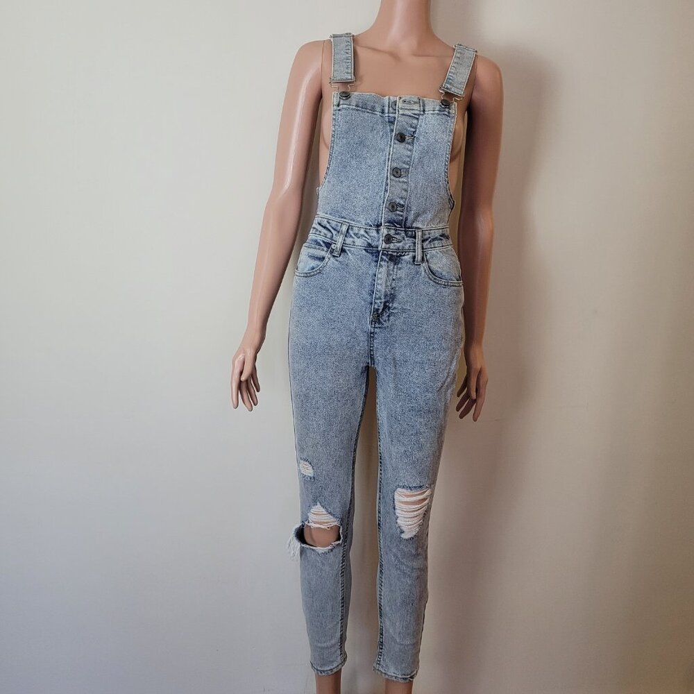 No Boundaries Overalls- XS / 1 -Distressed Vintage Style 90s Y2K Acid Wash Denim